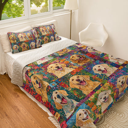 Shineful All Season Quilt 3-Piece Set Floral Golden Retriever Patchwork