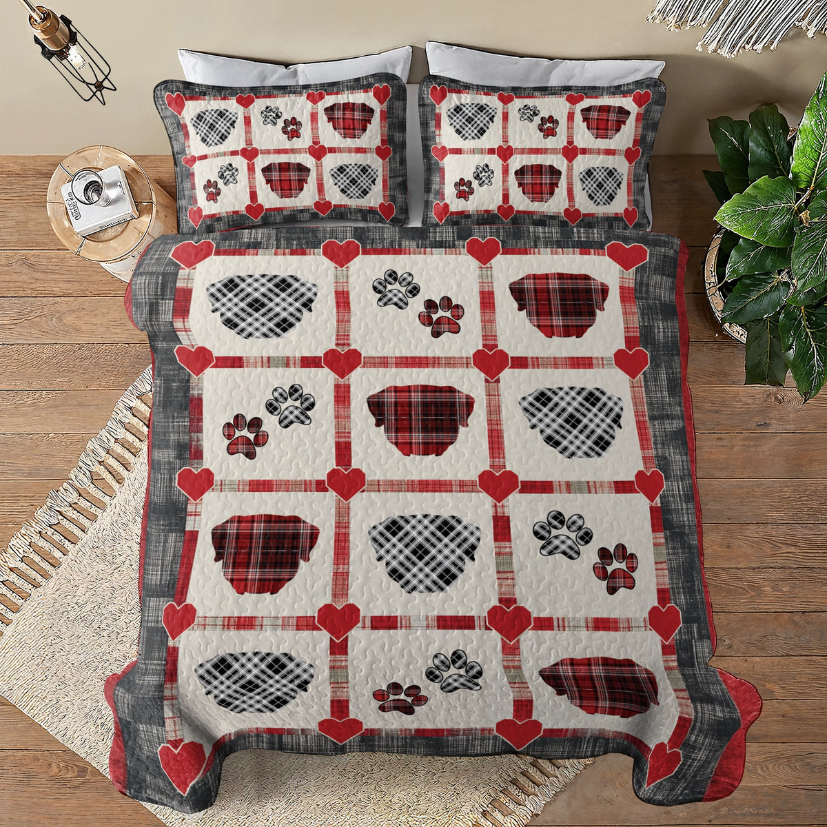 Shineful All Season Quilt 3-Piece Set Rottweiler Plaid Paw Love