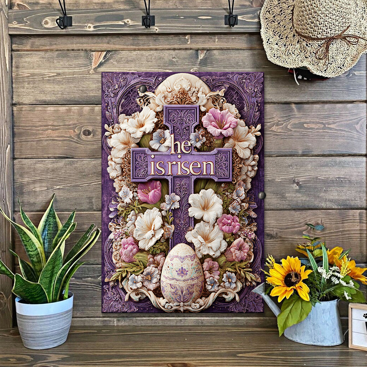 Shineful 2D Metal Sign Ornate Royal Cross “He Is Risen”