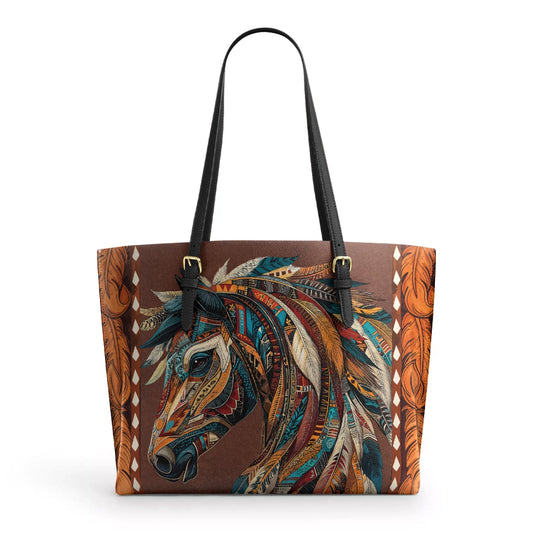 Shineful Leather Tote Bag - Tribal Horse Majesty