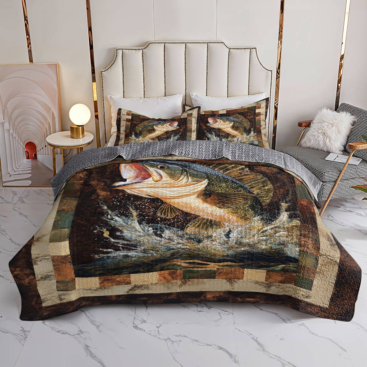 Shineful All Season Quilt 3-Piece Set Retro Largemouth Bass