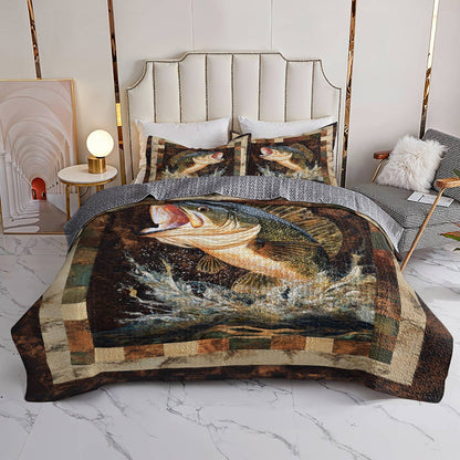 Shineful All Season Quilt 3-Piece Set Retro Largemouth Bass