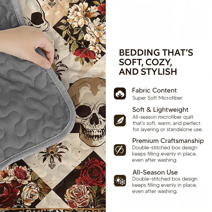 Shineful Quilt 3-Piece Set Colorful Sugar Skull Roses