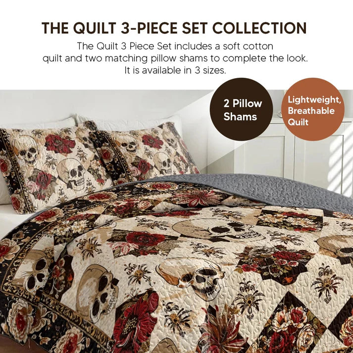 Shineful Quilt 3-Piece Set Colorful Sugar Skull Roses