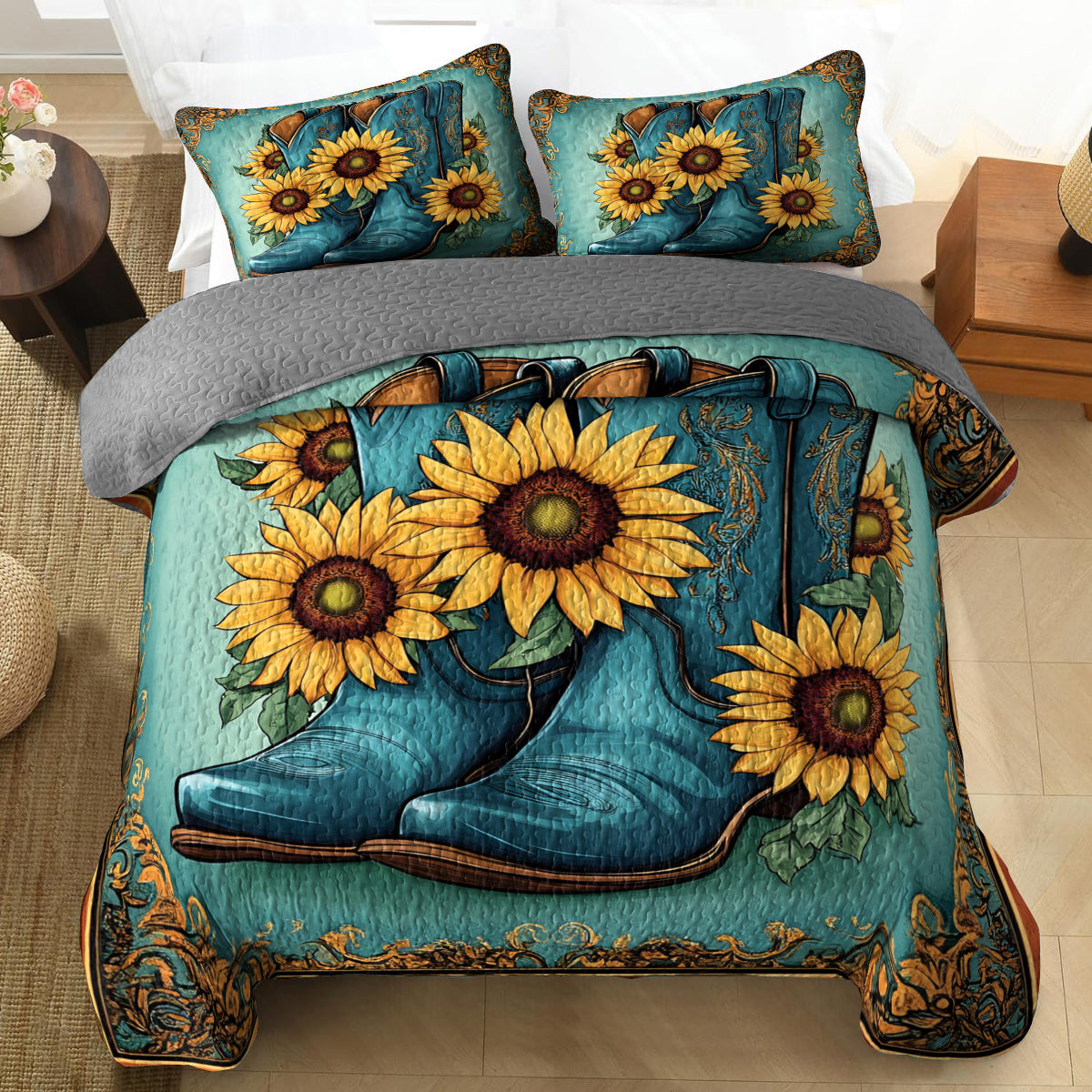 Shineful All Season Quilt 3-Piece Set Cowboy Boots And Sunflower
