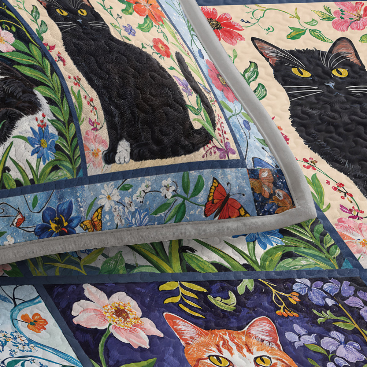 Shineful Quilt 3-Piece Set Cat Floral Felines