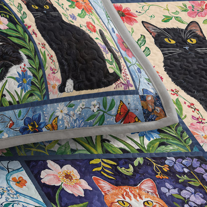 Shineful Quilt 3-Piece Set Cat Floral Felines