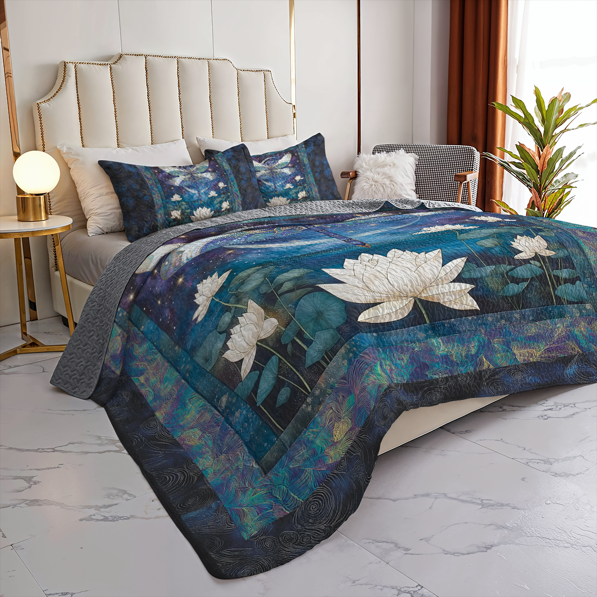 Shineful All Season Quilt 3-Piece Set  Celestial Dragonfly And Lotus