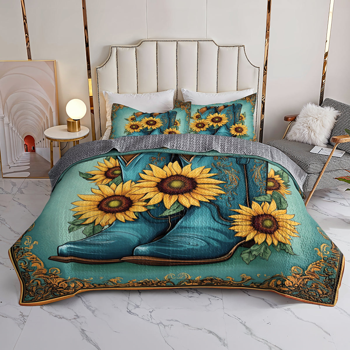 Shineful All Season Quilt 3-Piece Set Cowboy Boots And Sunflower