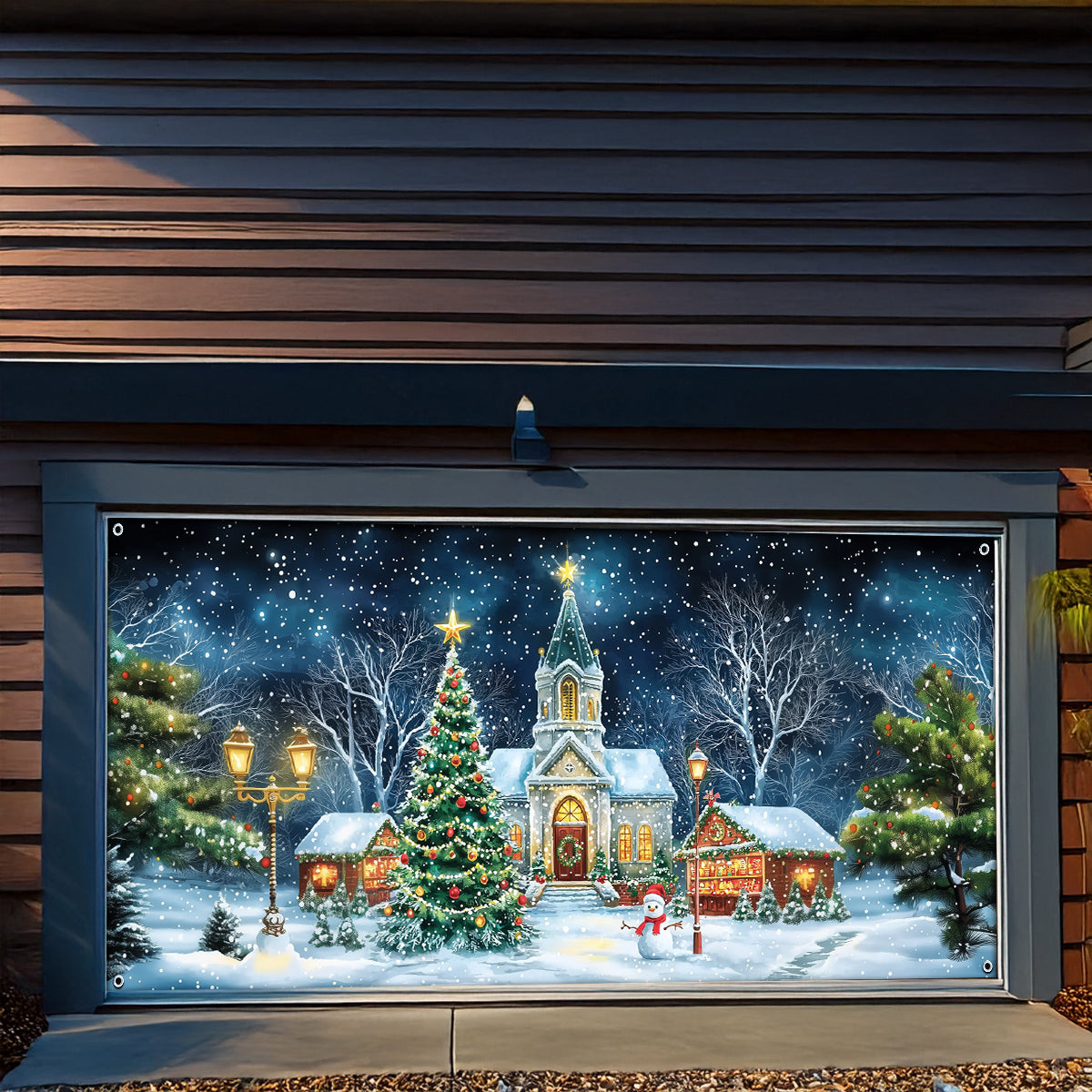 Shineful Garage Door Banner Decoration - Christmas Church Night