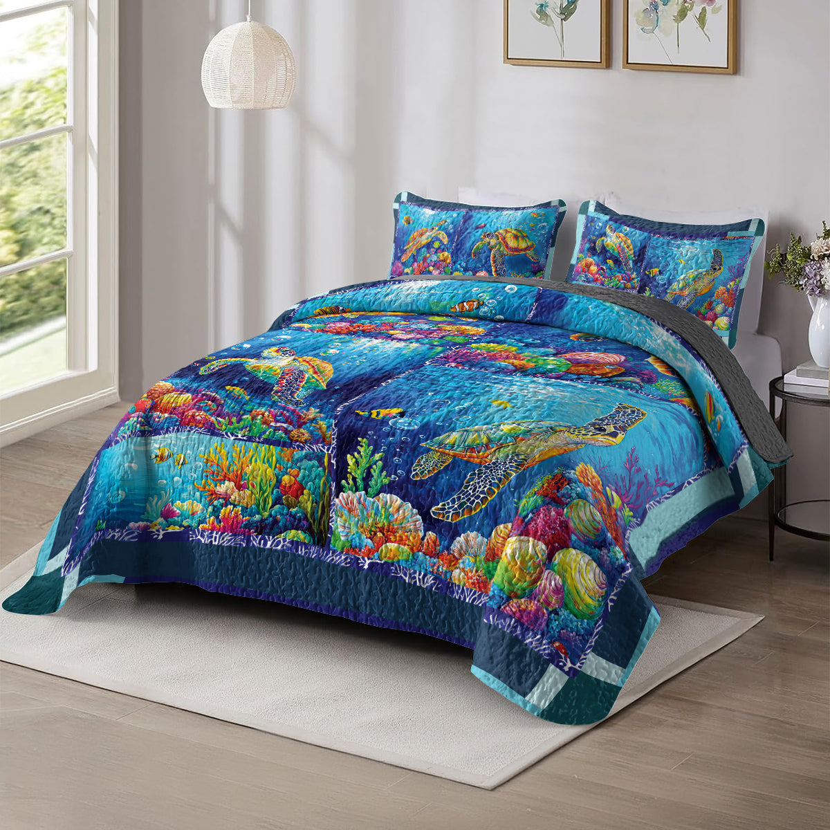 Shineful All Season Quilt 3-Piece Set - Sea Turtle And Vibrant Ocean Life