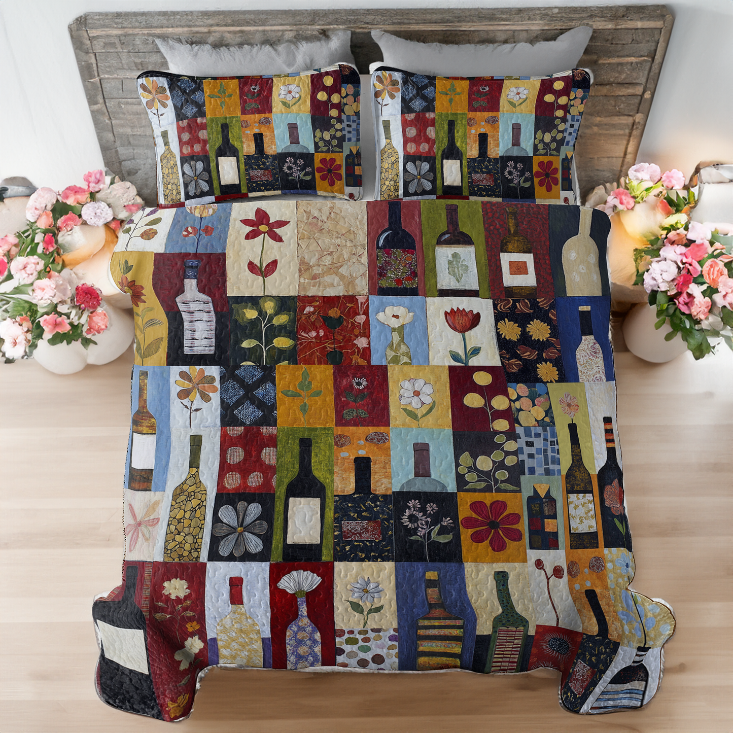 Shineful All Season Quilt 3-Piece Set Classical Wine Bottles