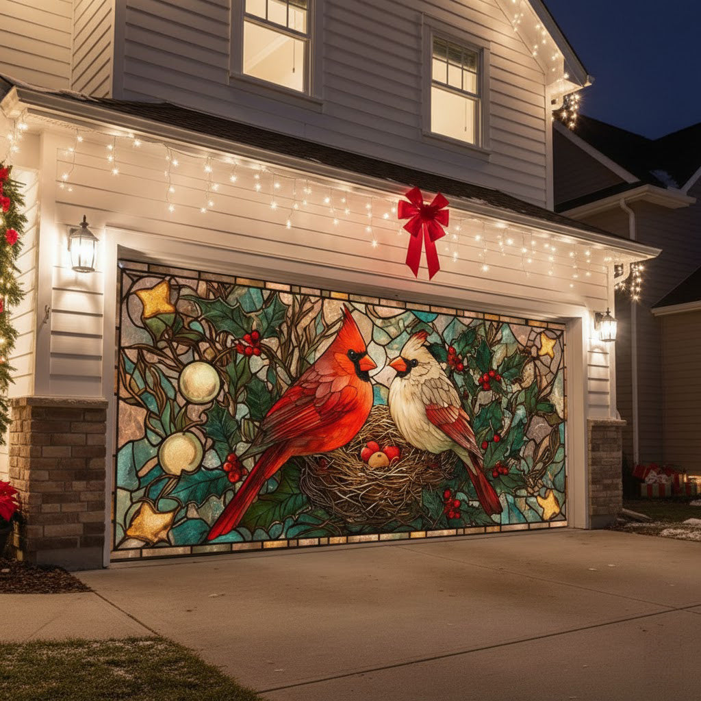 Shineful Garage Door Banner Decoration Winter Cardinal Glass