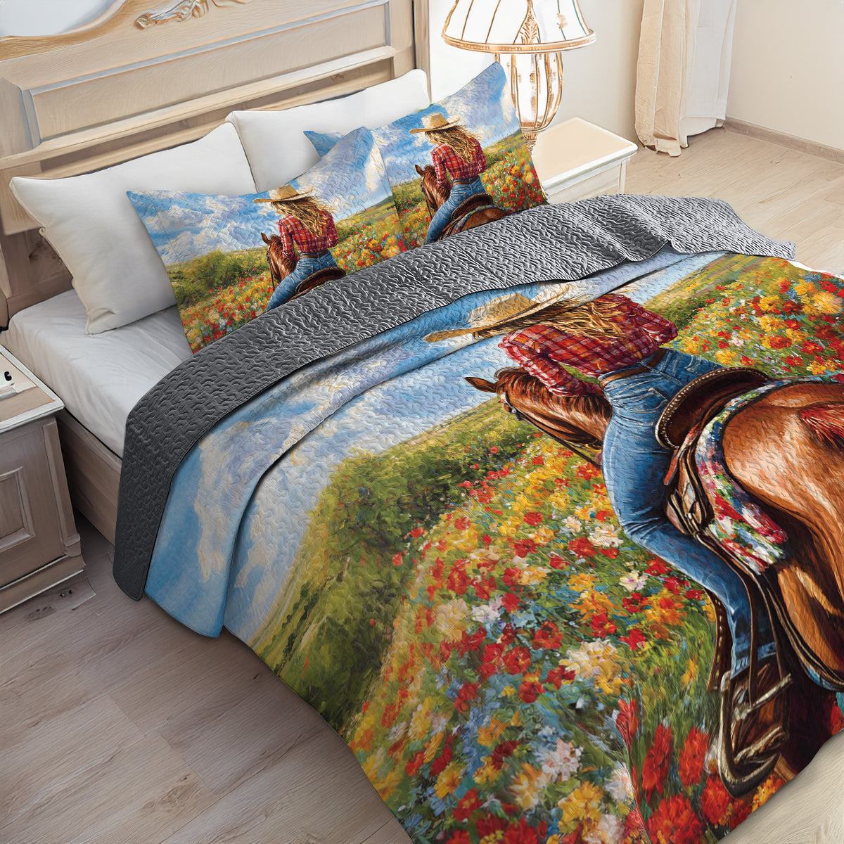 Shineful All Season Quilt 3-Piece Set Cowgirl And Horse On Flower Field
