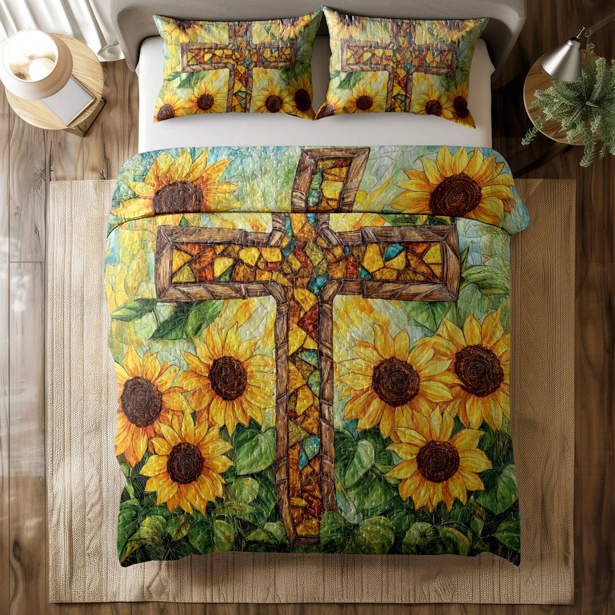 Shineful All Season Quilt 3-Piece Set Sunflower Cross