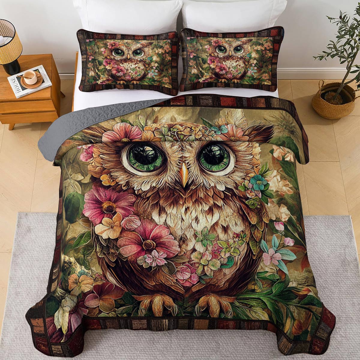 Shineful All Season Quilt 3-Piece Set Vintage Floral Owl