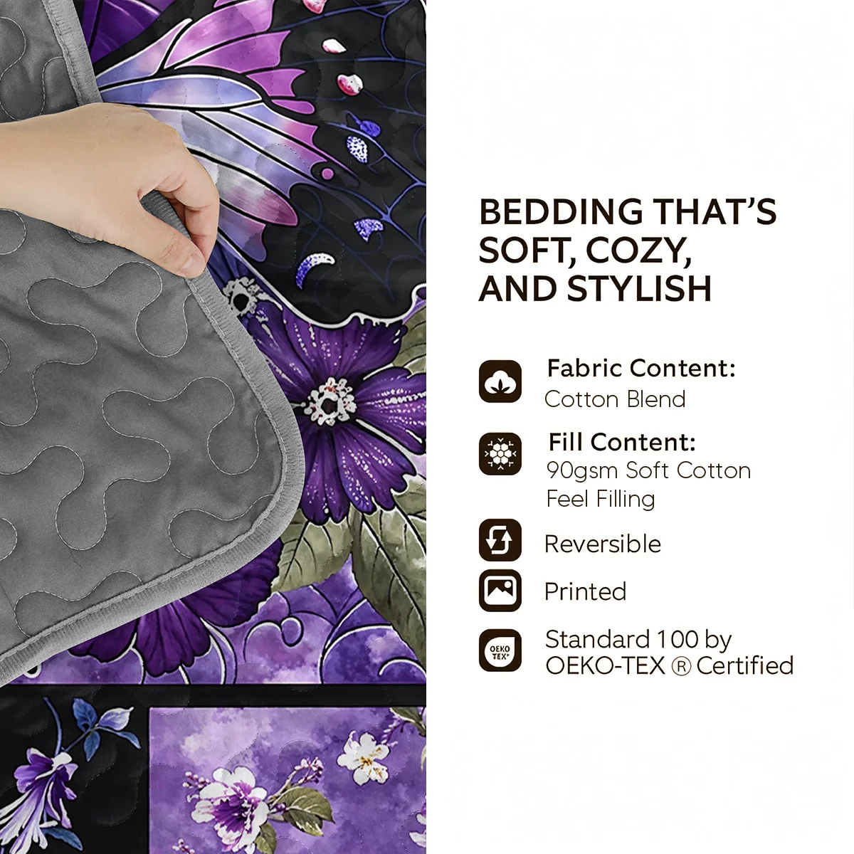 Shineful Quilt 3-Piece Set Gorgeous Purple Butterfly Flowers