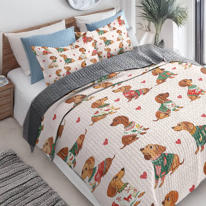 Shineful All Season Quilt 3-Piece Set - Festive Dachshund Sweater Delight