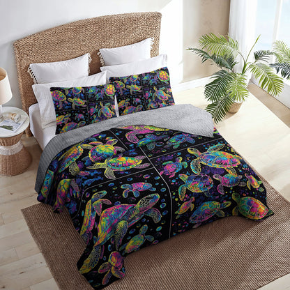 Shineful All Season Quilt 3-Piece Set Neon Bubble Sea Turtle