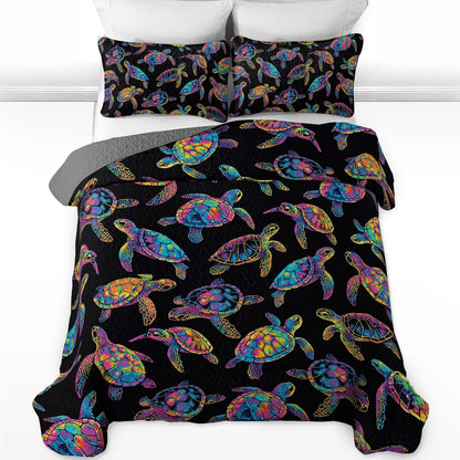 Shineful All Season Quilt 3-Piece Set Underwater Neon Sea Turtle
