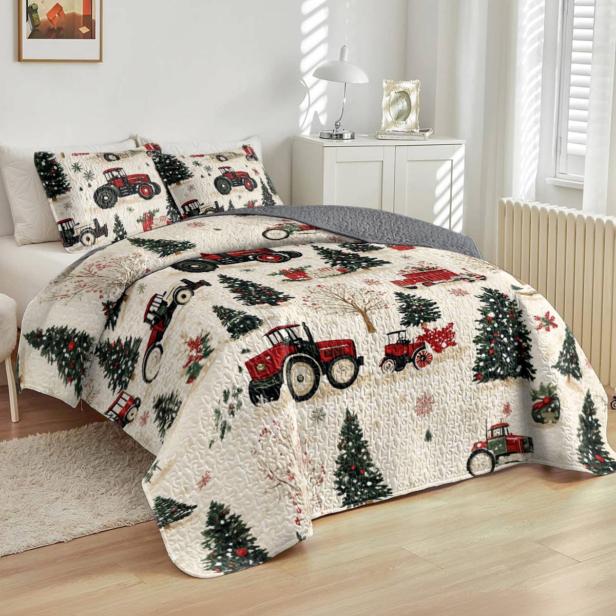 Shineful All Season Quilt 3-Piece Set Tractor Christmas