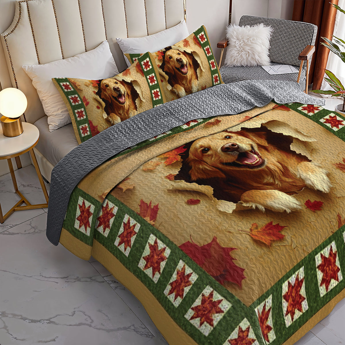 Shineful All Season Quilt 3-Piece Set Golden Retriever Joy