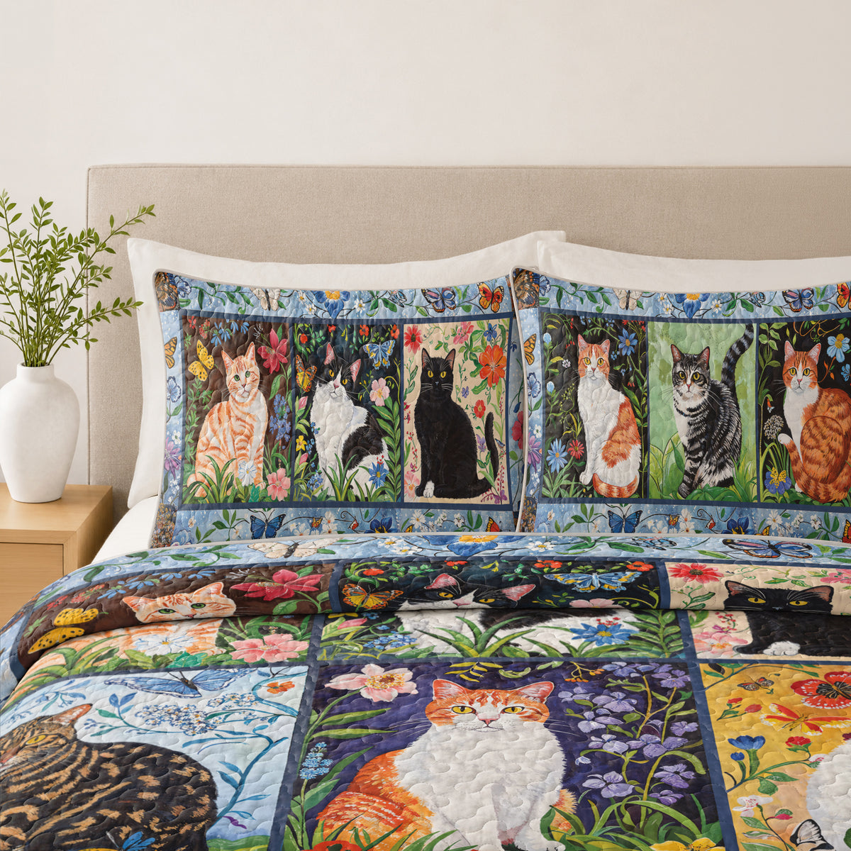 Shineful Quilt 3-Piece Set Cat Floral Felines