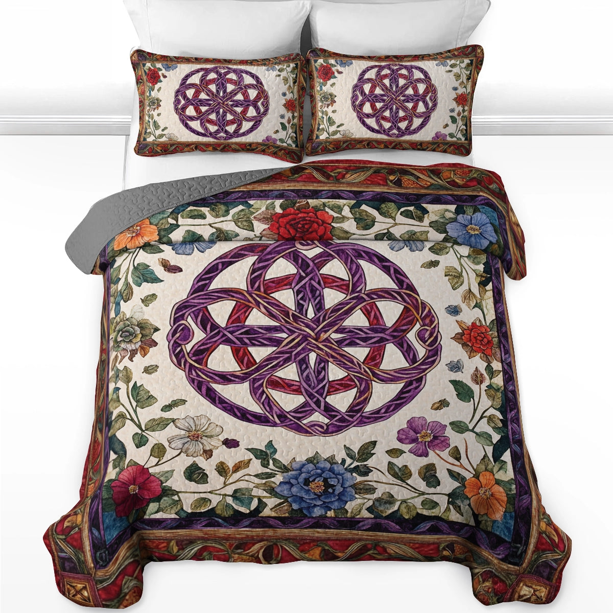 Shineful All Season Quilt 3-Piece Set Floral Celtic Knots