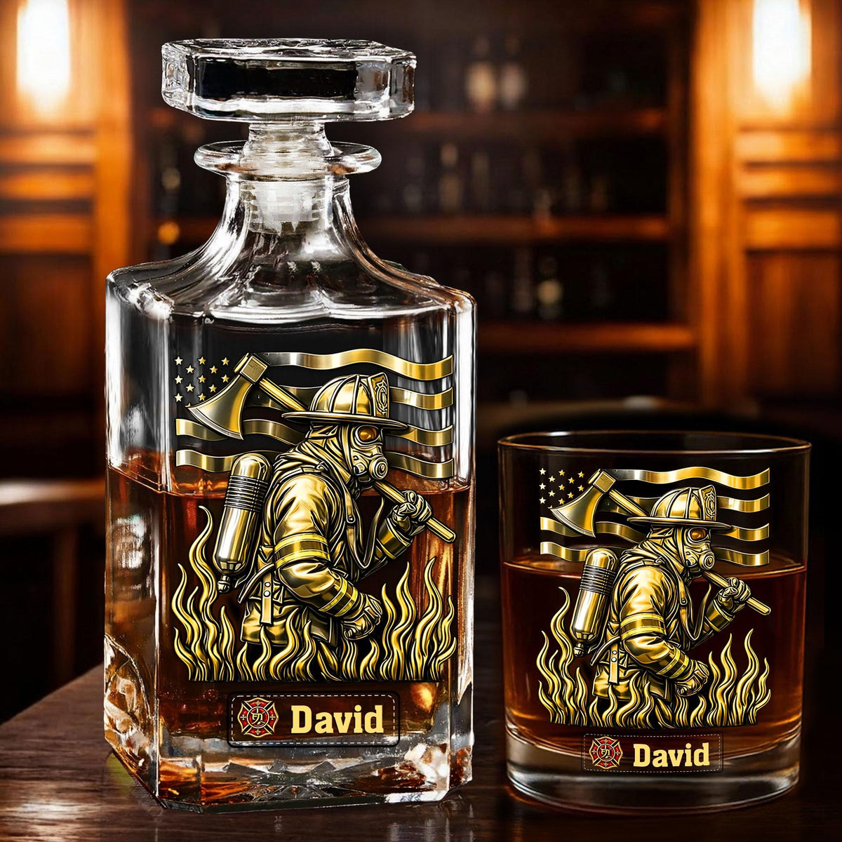 Shineful Whiskey Set Personalized Firefighter Patriotic
