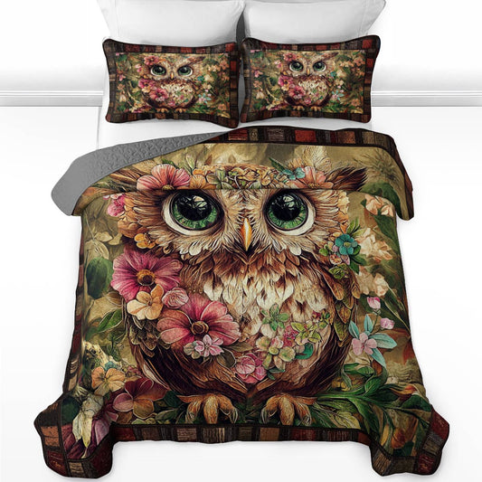 Shineful All Season Quilt 3-Piece Set Vintage Floral Owl