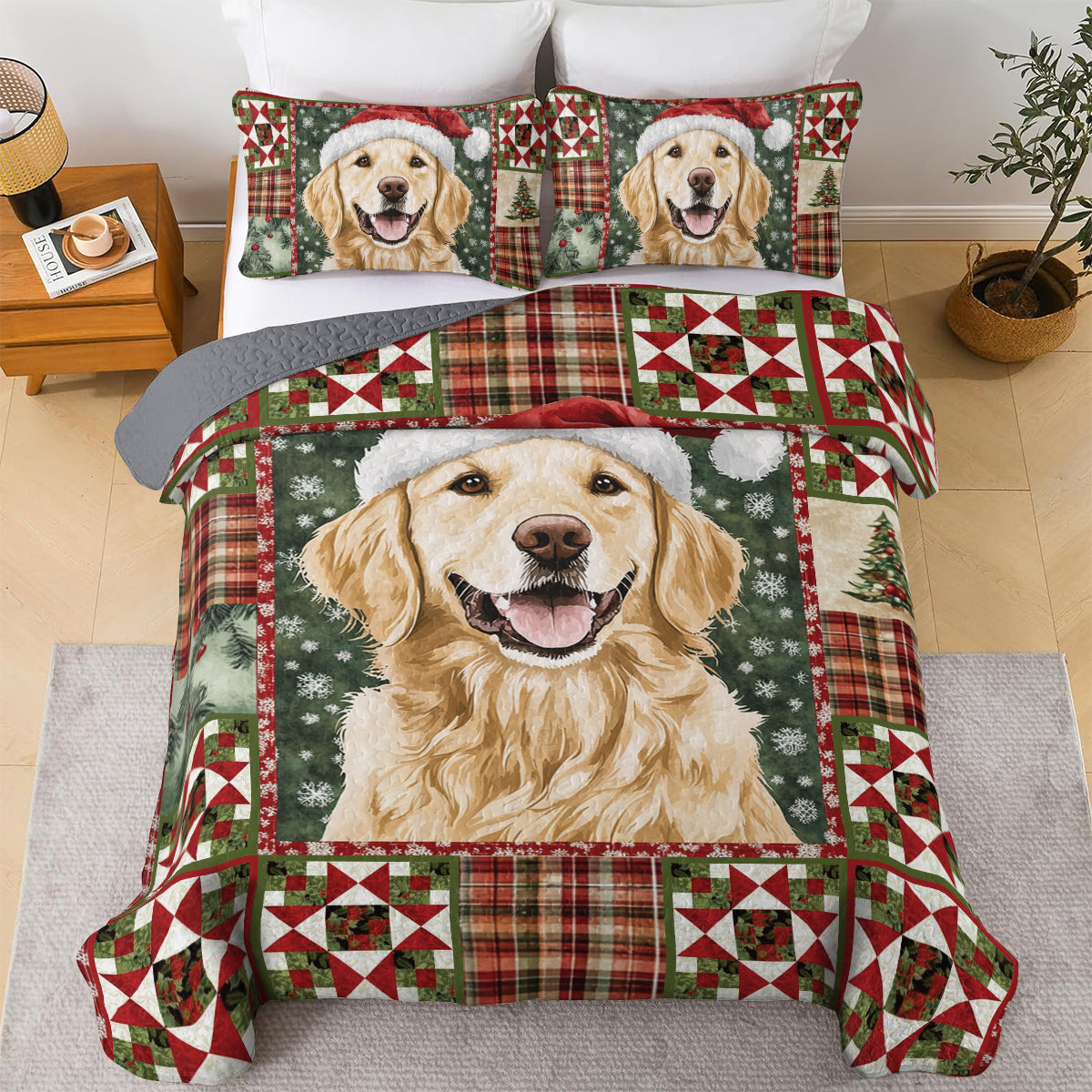 Shineful All Season Quilt 3-Piece Set Golden Retriever Christmas