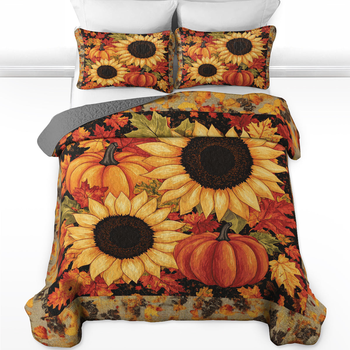 Shineful All Season Quilt 3-Piece Set Autumn Sunflower & Pumpkin