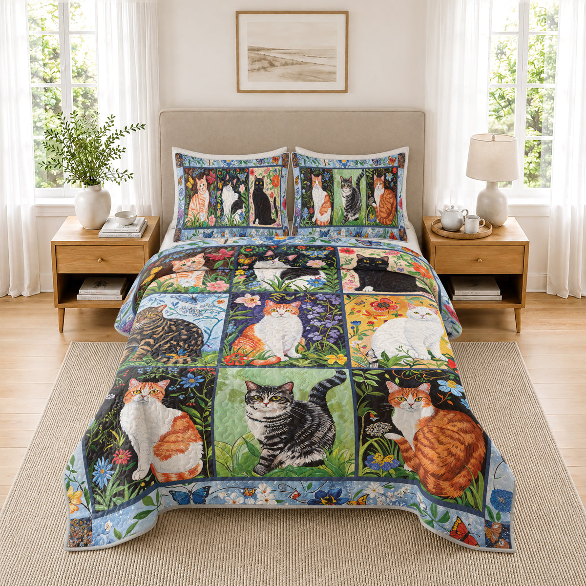 Shineful Quilt 3-Piece Set Cat Floral Felines