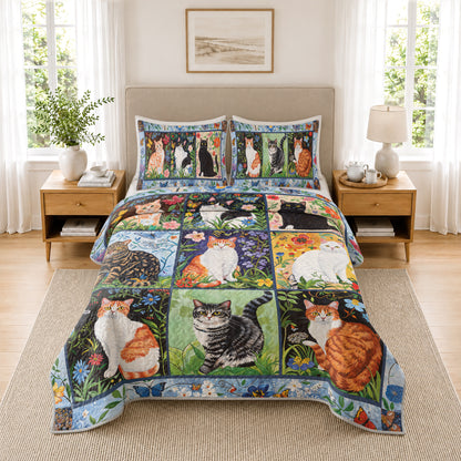 Shineful Quilt 3-Piece Set Cat Floral Felines
