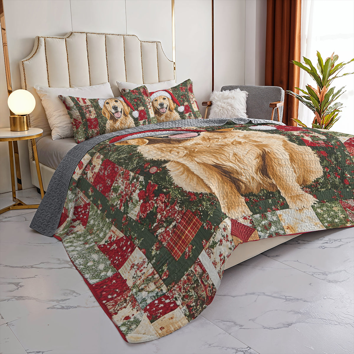 Shineful All Season Quilt 3-Piece Set Golden Retriever Christmas