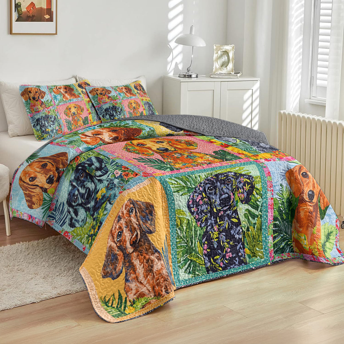 Shineful All Season Quilt 3-Piece Set Dachshund Patchwork Collection