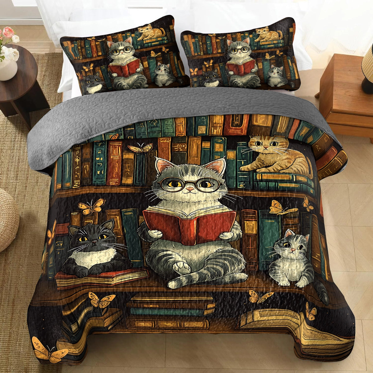 Shineful All Season Quilt 3-Piece Set - Bookworm's Purr-adise