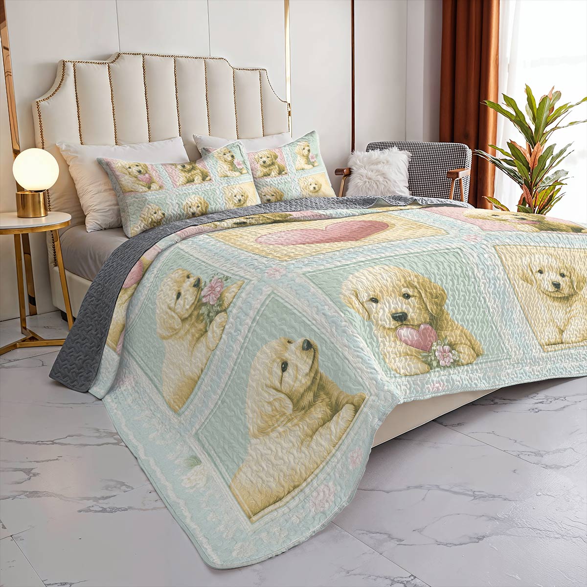 Shineful All Season Quilt 3-Piece Set - Golden Retriever Puppy Love
