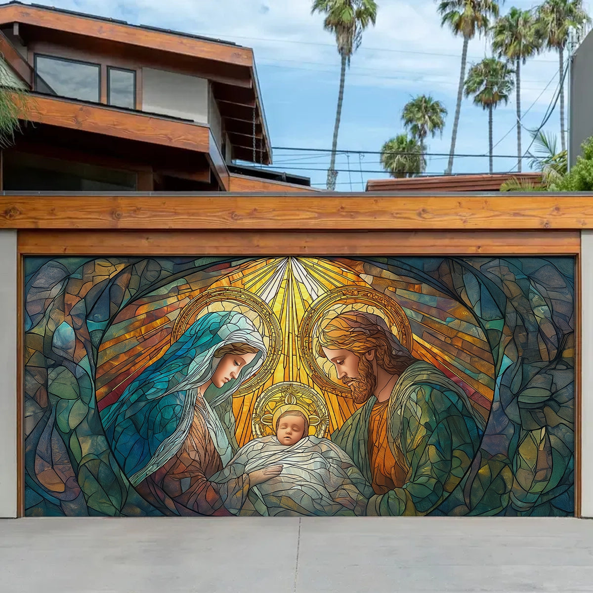 Shineful Garage Door Banner Decoration Holy Nativity Stained Glass