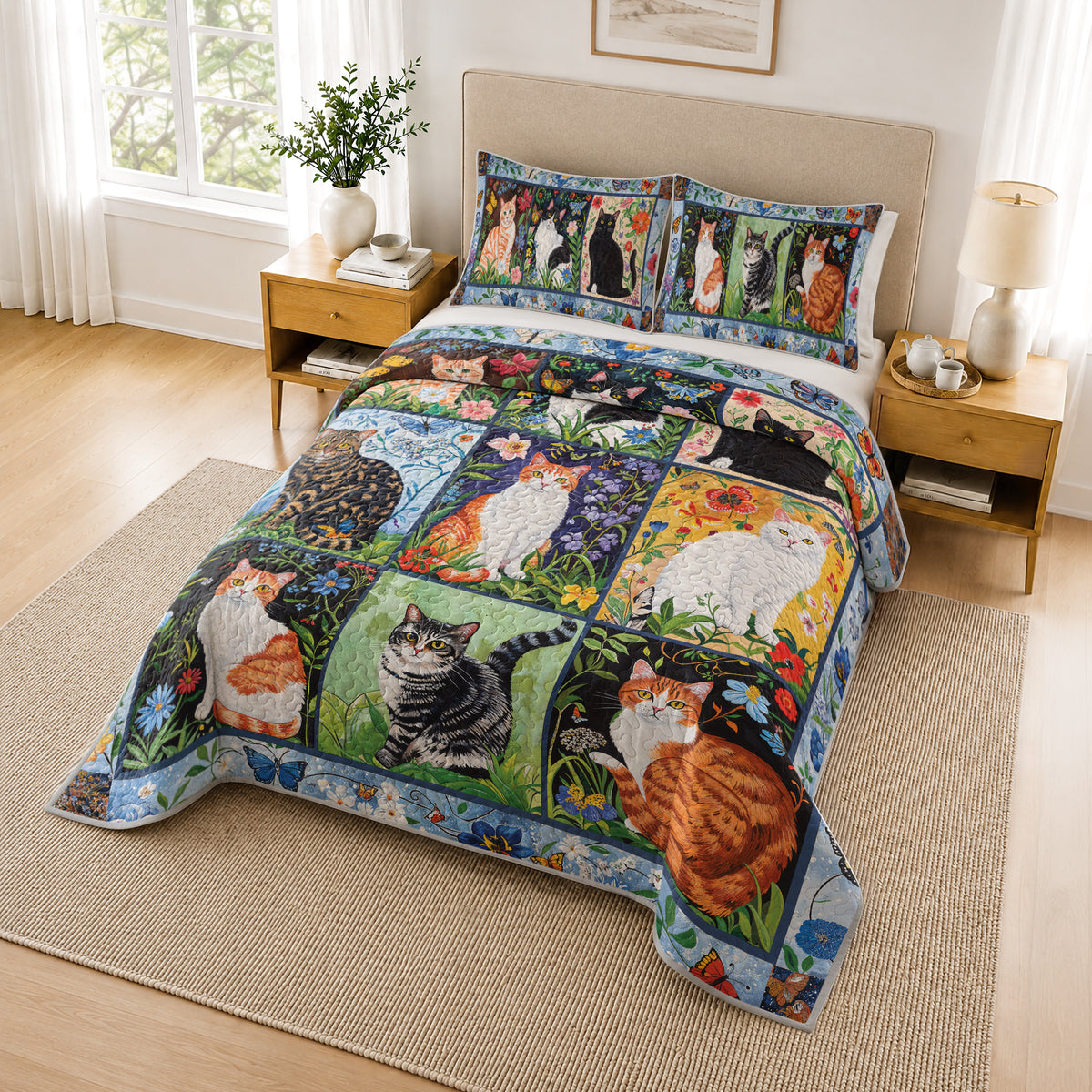 Shineful Quilt 3-Piece Set Cat Floral Felines