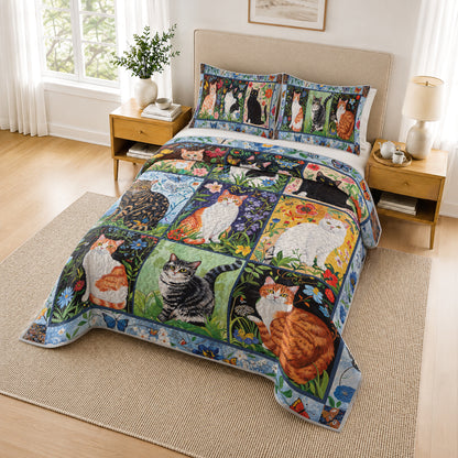 Shineful Quilt 3-Piece Set Cat Floral Felines