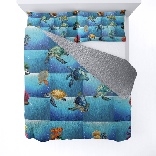 Shineful All Season Quilt 3-Piece Set - Ocean Harmony Sea Turtle Pattern