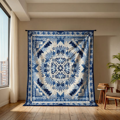 Shineful Flat Print Faux Quilt Blanket Indigo Harmony