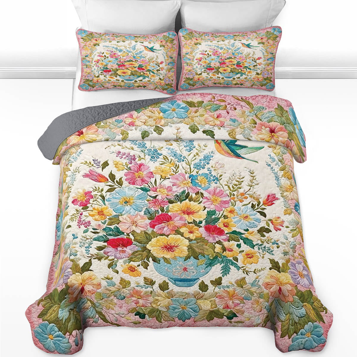 Shineful All Season Quilt 3-Piece Set Romantic Blossom Hummingbird