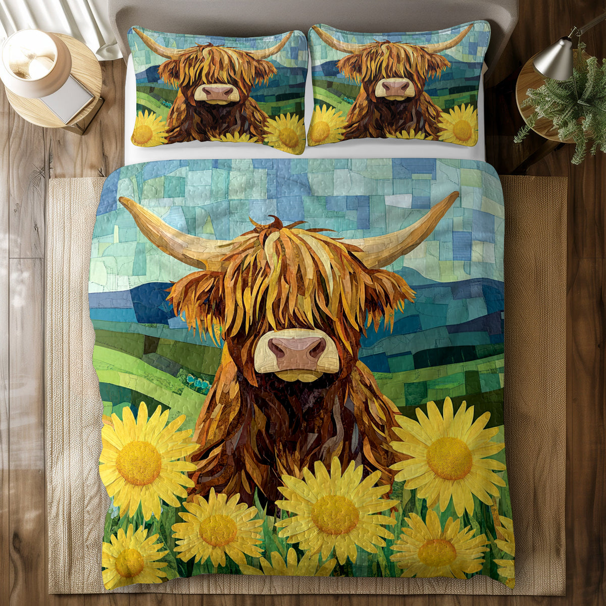 Shineful All Season Quilt 3-Piece Set Highland Cow On Green Field