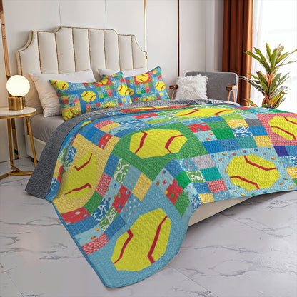 Shineful All Season Quilt 3-Piece Set Bright Softbal Patchwork