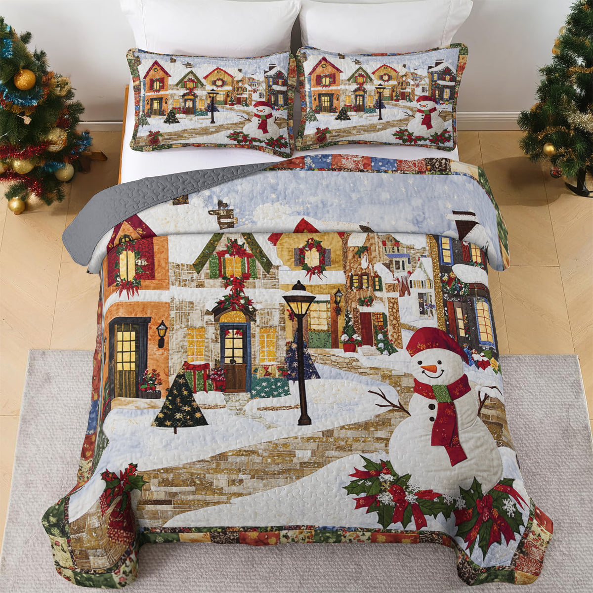 Shineful All Season Quilt 3-Piece Set Festive Snowman Village