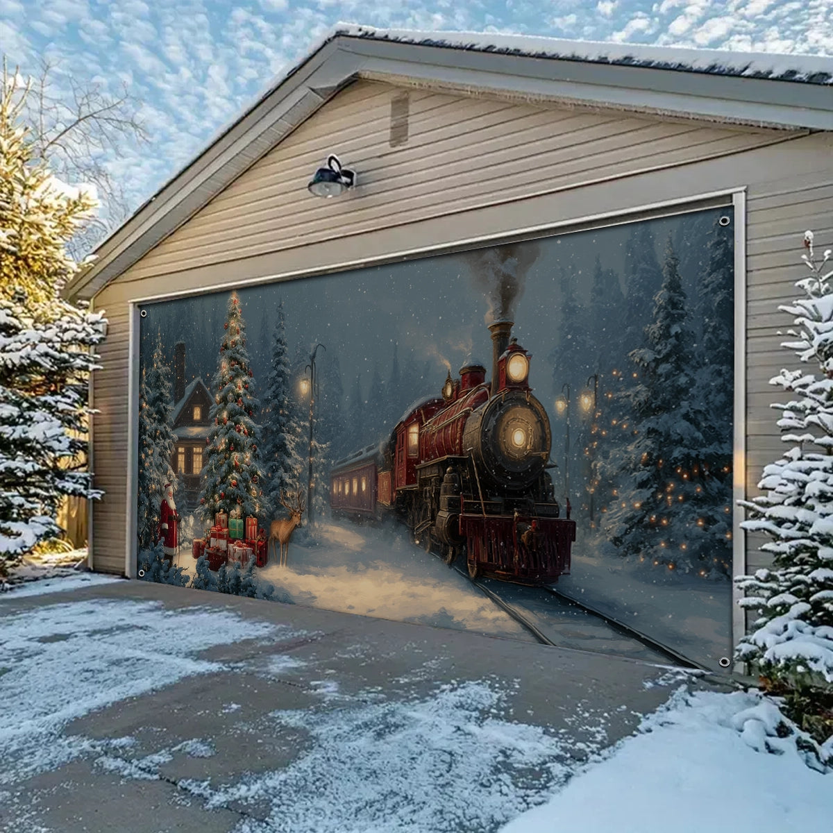 Shineful Garage Door Banner Decoration Santa’s Holiday Train Arrival