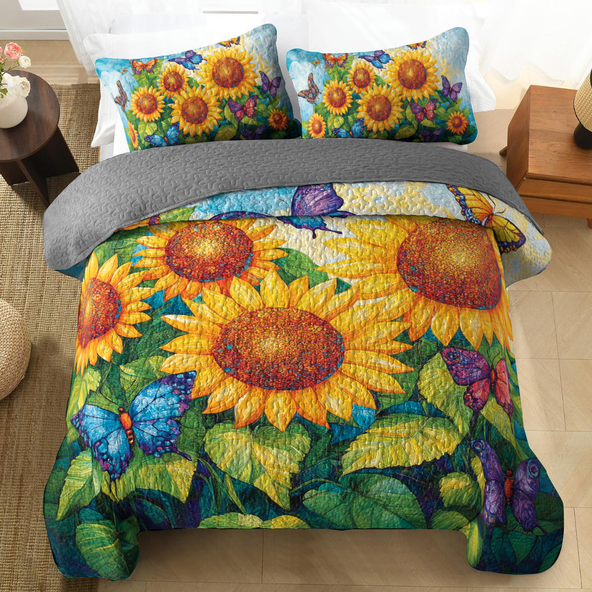 Shineful All Season Quilt 3-Piece Set Sunflower & Butterfly Garden