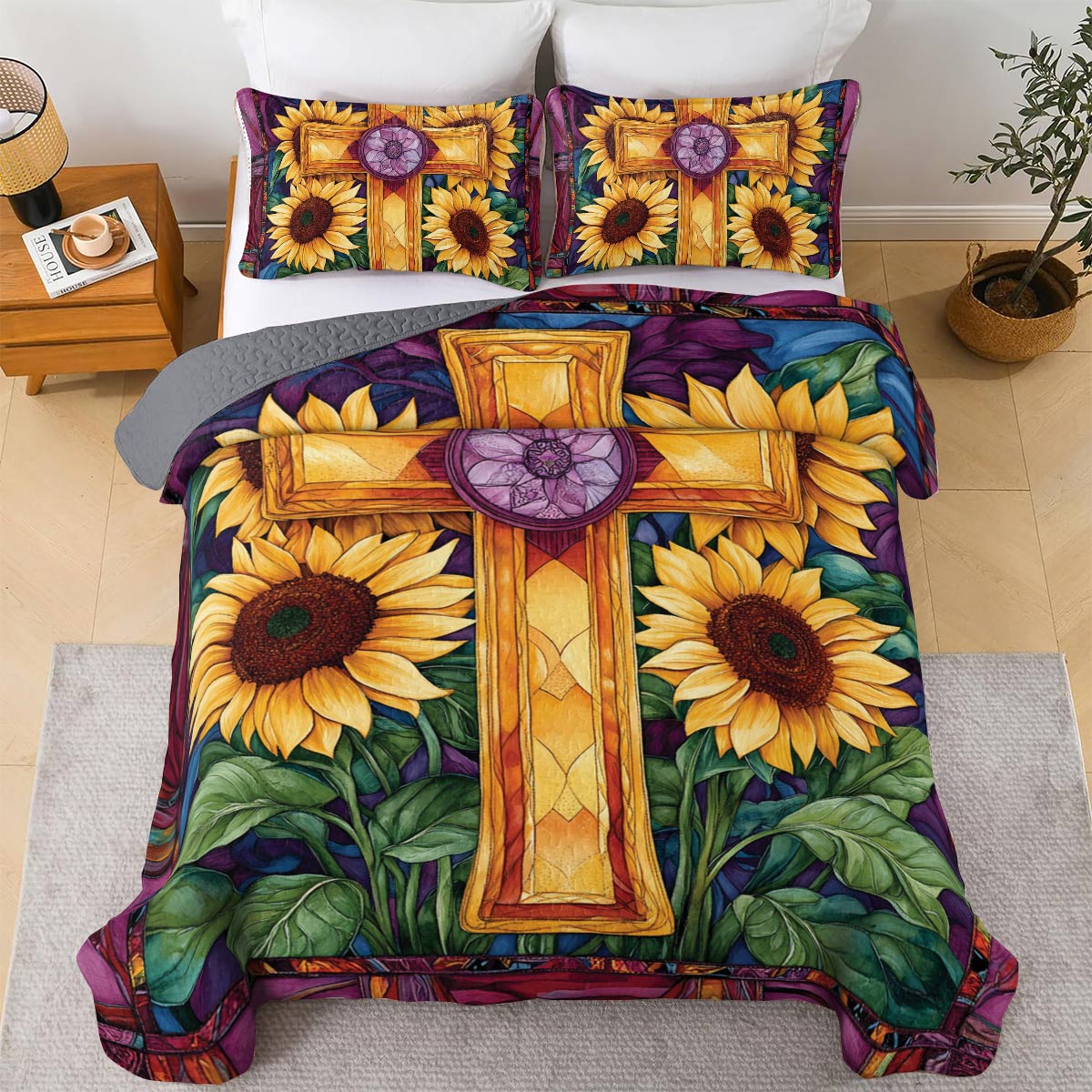 Shineful All Season Quilt 3-Piece Set Stained Sunflower Glass Cross